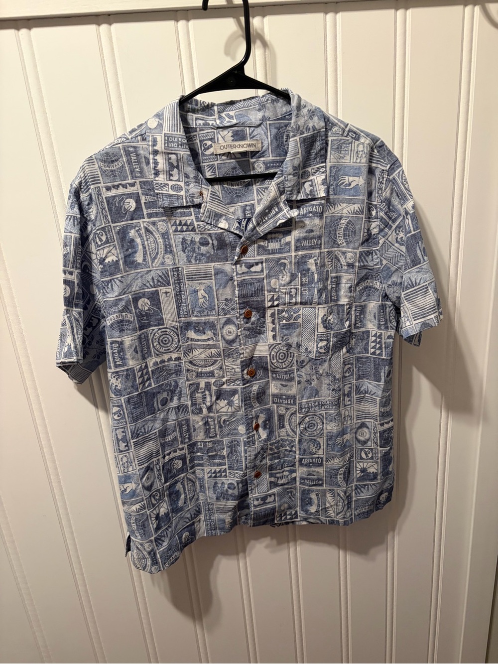 Outerknown The BBQ Shirt Mens Medium Blue Stamp Pattern Organic Cotton